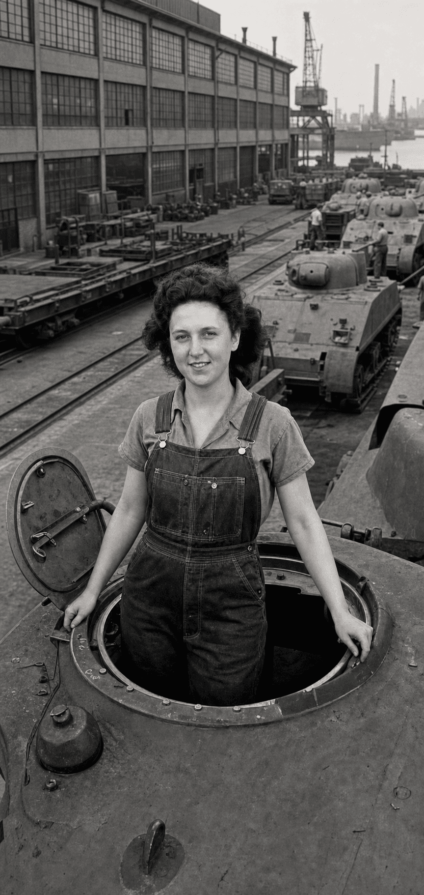 Pearl standing in the hatch of a World War II-era U.S. tank beside a wartime factory waterfront